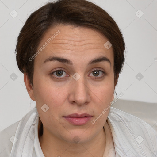 Neutral white young-adult female with medium  brown hair and brown eyes