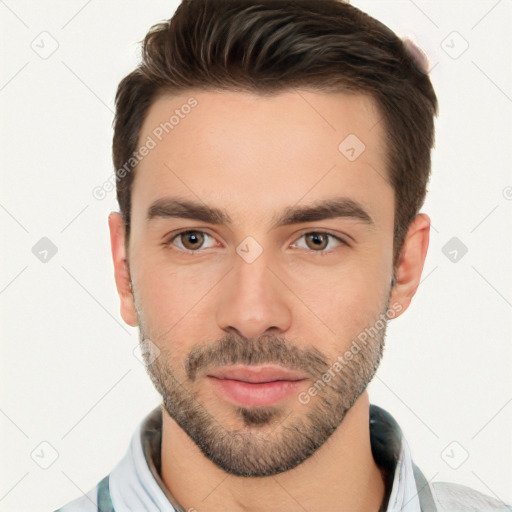 Neutral white young-adult male with short  brown hair and brown eyes