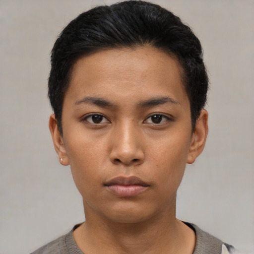 Neutral asian young-adult female with short  black hair and brown eyes