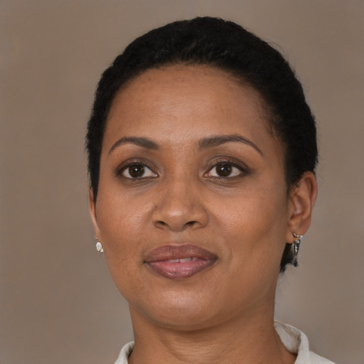 Joyful latino adult female with short  brown hair and brown eyes