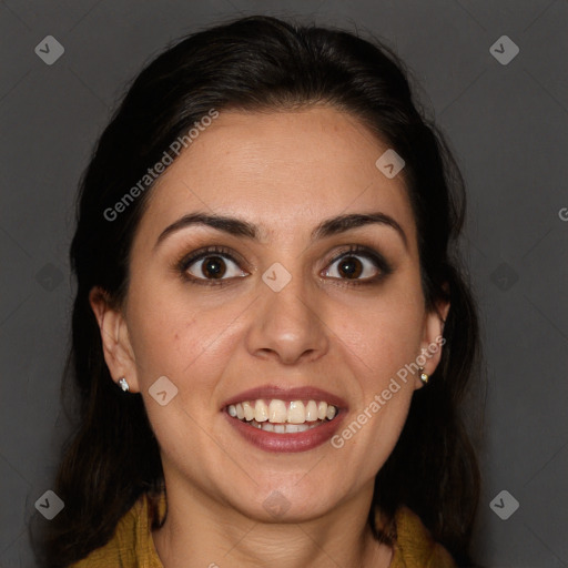 Joyful white young-adult female with long  brown hair and brown eyes