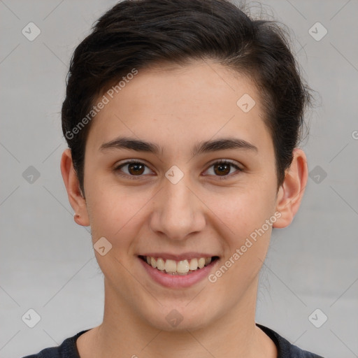 Joyful white young-adult female with short  brown hair and brown eyes