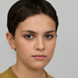 Neutral white young-adult female with short  brown hair and brown eyes