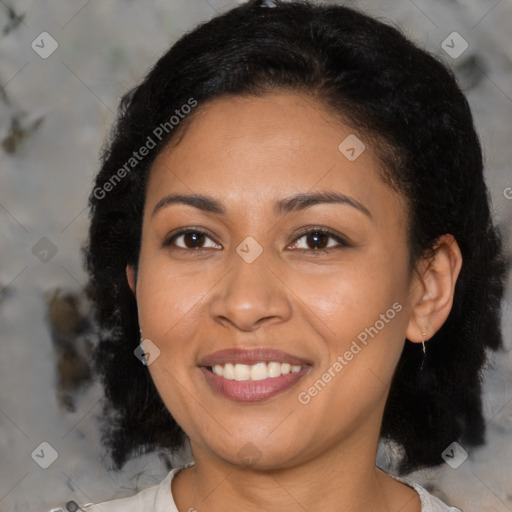 Joyful latino young-adult female with medium  black hair and brown eyes