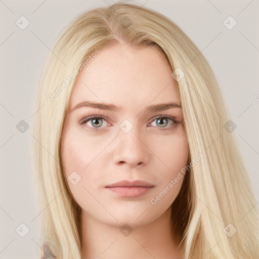 Neutral white young-adult female with long  brown hair and grey eyes