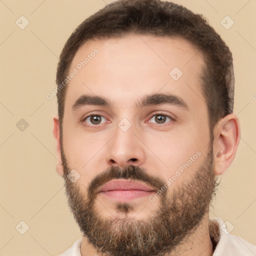 Neutral white young-adult male with short  brown hair and brown eyes