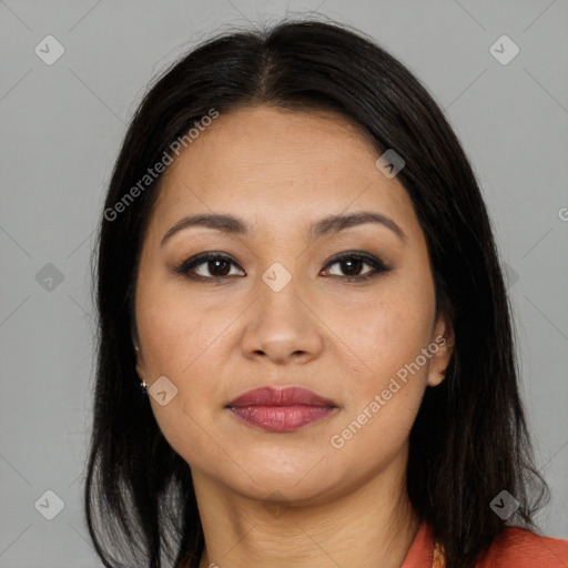 Joyful asian young-adult female with long  brown hair and brown eyes