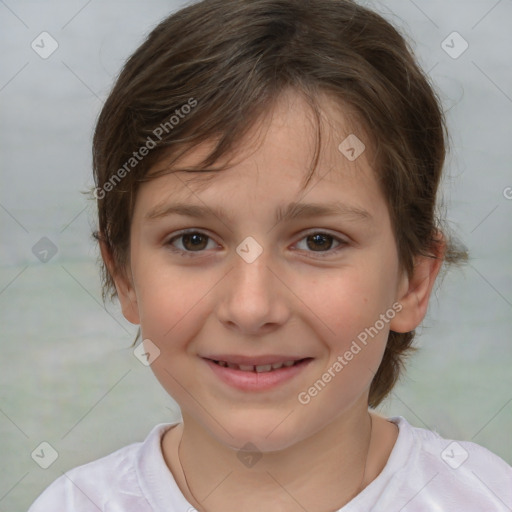 Joyful white child female with medium  brown hair and brown eyes