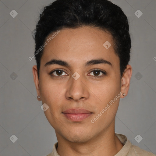 Joyful latino young-adult female with short  black hair and brown eyes