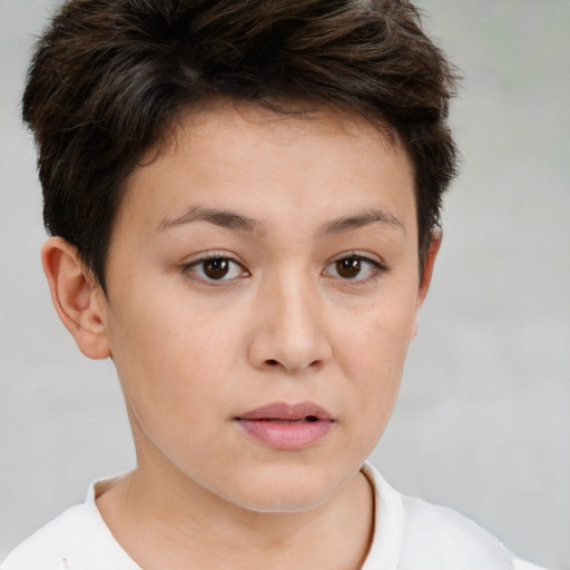 Neutral white young-adult female with short  brown hair and brown eyes