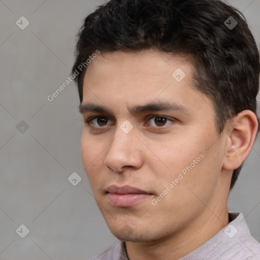 Neutral white young-adult male with short  brown hair and brown eyes