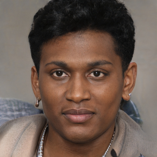 Neutral black young-adult male with short  black hair and brown eyes