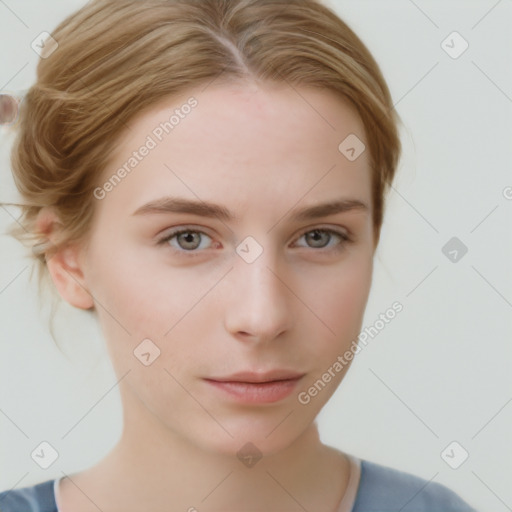 Neutral white young-adult female with medium  brown hair and grey eyes