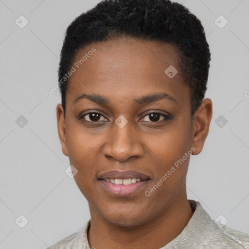 Joyful latino young-adult female with short  black hair and brown eyes