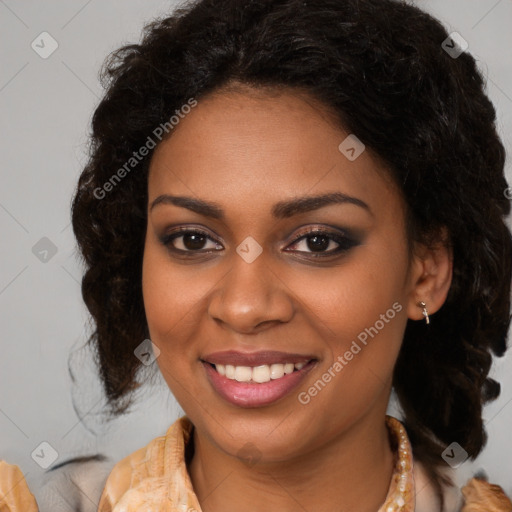 Joyful black young-adult female with medium  brown hair and brown eyes