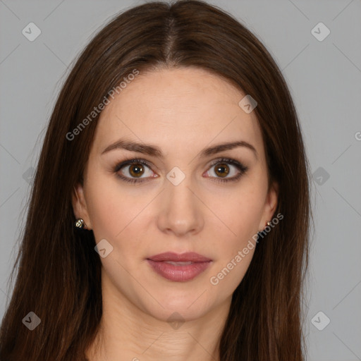 Neutral white young-adult female with long  brown hair and brown eyes