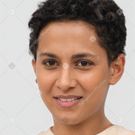 Joyful white young-adult female with short  brown hair and brown eyes