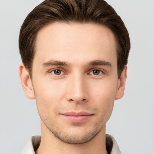 Neutral white young-adult male with short  brown hair and brown eyes