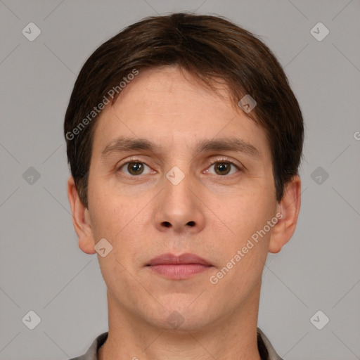 Neutral white young-adult male with short  brown hair and brown eyes