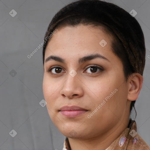 Joyful white young-adult female with long  brown hair and brown eyes