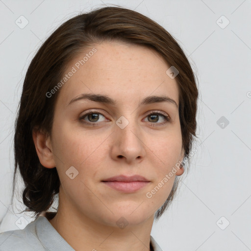 Neutral white young-adult female with medium  brown hair and grey eyes