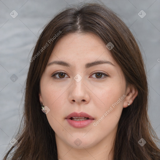 Neutral white young-adult female with long  brown hair and brown eyes