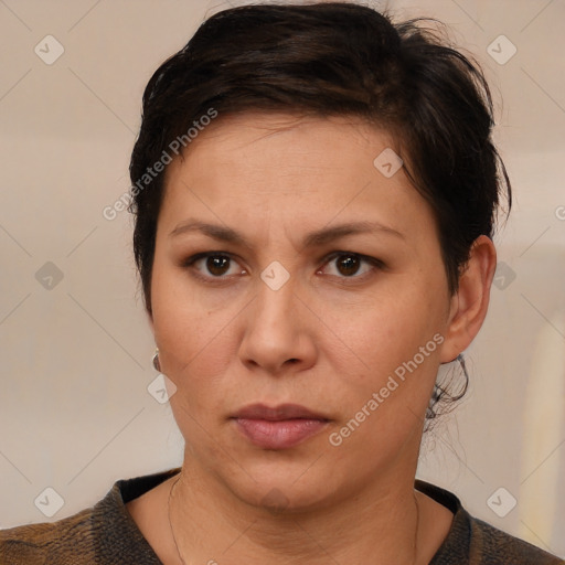 Neutral white adult female with short  brown hair and brown eyes