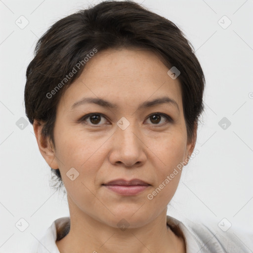 Joyful white adult female with short  brown hair and brown eyes