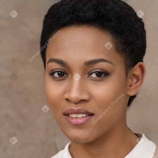 Joyful black young-adult female with short  black hair and brown eyes