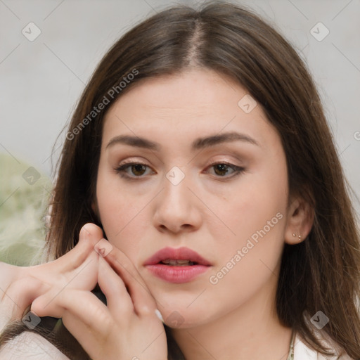 Neutral white young-adult female with medium  brown hair and brown eyes