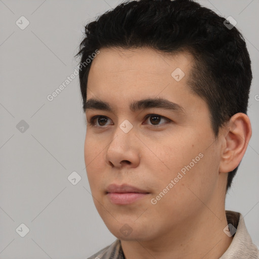 Neutral asian young-adult male with short  black hair and brown eyes
