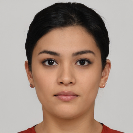 Neutral asian young-adult female with short  black hair and brown eyes