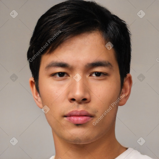 Neutral asian young-adult male with short  black hair and brown eyes