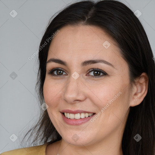 Joyful white young-adult female with long  brown hair and brown eyes