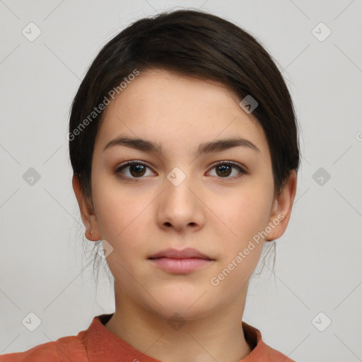 Neutral white young-adult female with short  brown hair and brown eyes