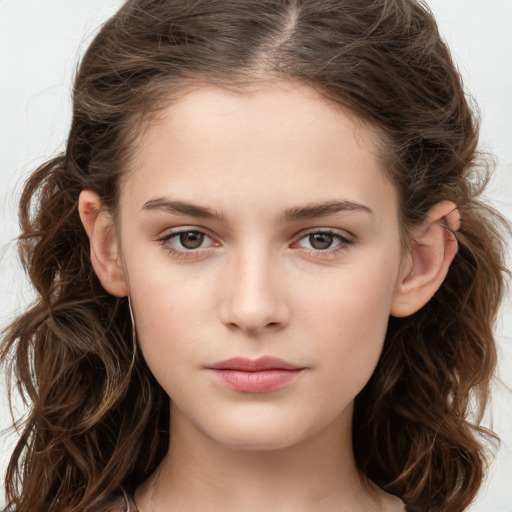 Neutral white child female with long  brown hair and brown eyes