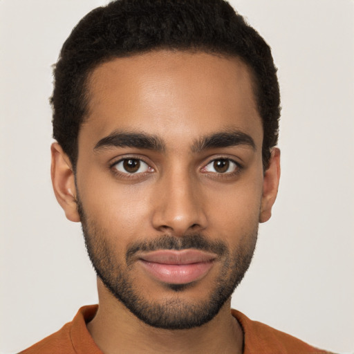 Joyful black young-adult male with short  brown hair and brown eyes