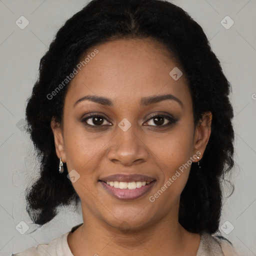 Joyful black young-adult female with medium  black hair and brown eyes