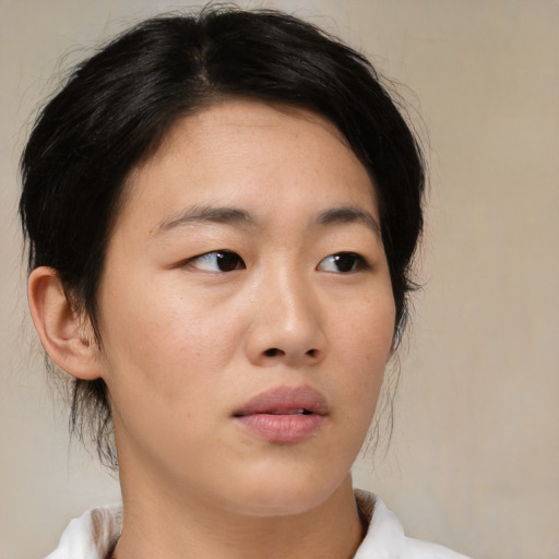Neutral asian young-adult female with medium  brown hair and brown eyes