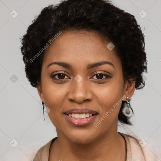 Joyful latino young-adult female with short  black hair and brown eyes