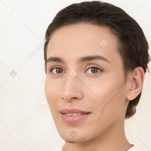 Joyful white young-adult female with short  brown hair and brown eyes