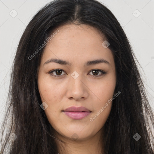 Joyful asian young-adult female with long  brown hair and brown eyes