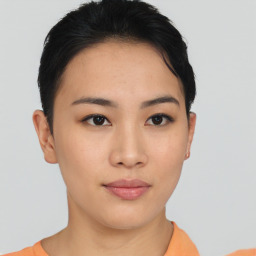 Neutral asian young-adult female with short  brown hair and brown eyes