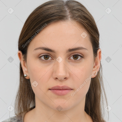 Neutral white young-adult female with medium  brown hair and brown eyes