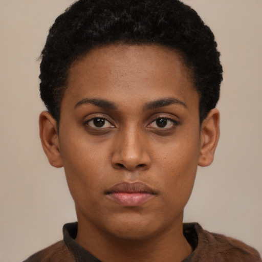 Neutral black young-adult female with short  brown hair and brown eyes