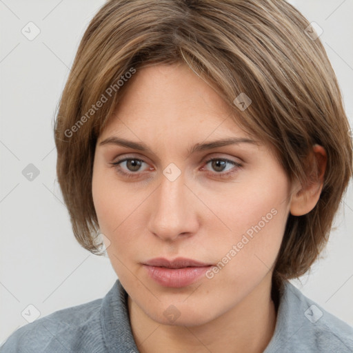 Neutral white young-adult female with medium  brown hair and grey eyes