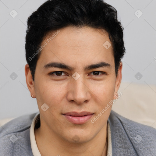 Joyful latino young-adult male with short  brown hair and brown eyes