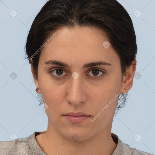 Neutral white young-adult female with short  brown hair and brown eyes