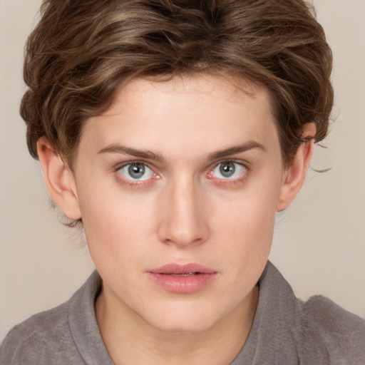 Neutral white young-adult female with short  brown hair and blue eyes