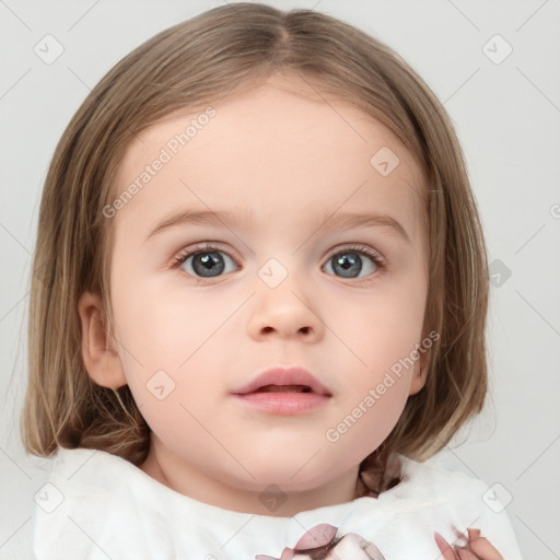 Neutral white child female with medium  brown hair and blue eyes